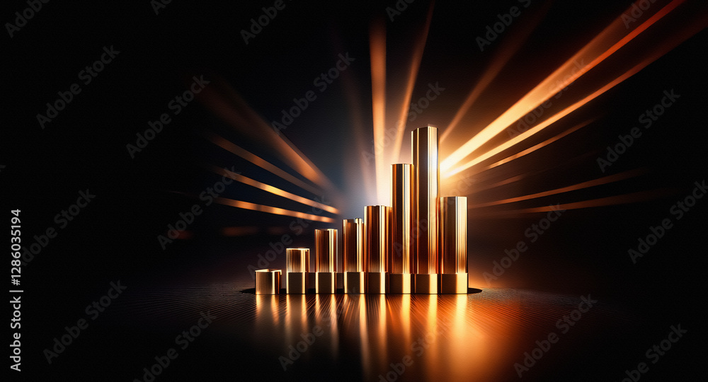 Aufkleber Gleaming metallic cylinders are arranged in a rising bar chart formation, dramatically lit by bright light rays against a stark dark backdrop, creating a dynamic visual.
