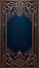 Obraz premium Ornate Golden Frame on Deep Blue with Floral Accents and Celtic Knots