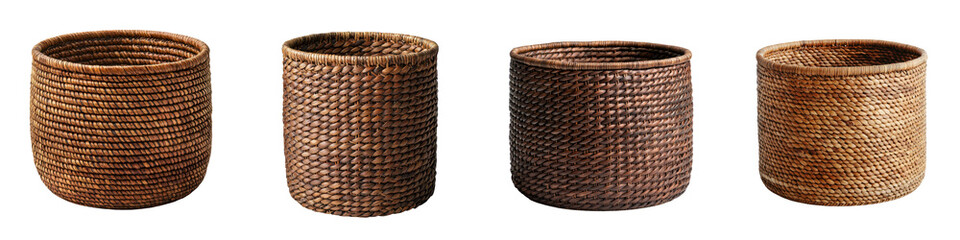 Collection of handwoven wicker baskets in various shapes and sizes featuring natural earth toned colors and textures  These organic sustainable storage solutions can be used for home decor