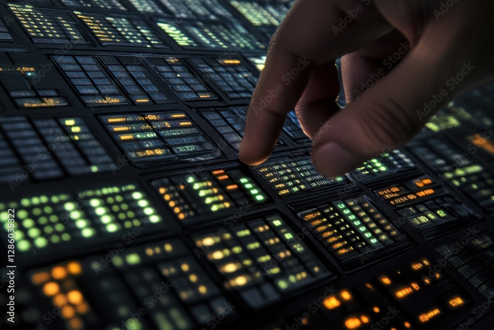 Poster Exploring digital data streams while interacting with glowing panels in a high-tech workspace. Generative AI