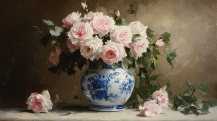 A beautifully painted ceramic vase with intricate floral designs on a wooden table.