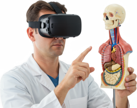 Doctor using VR headset to examine human anatomy model
