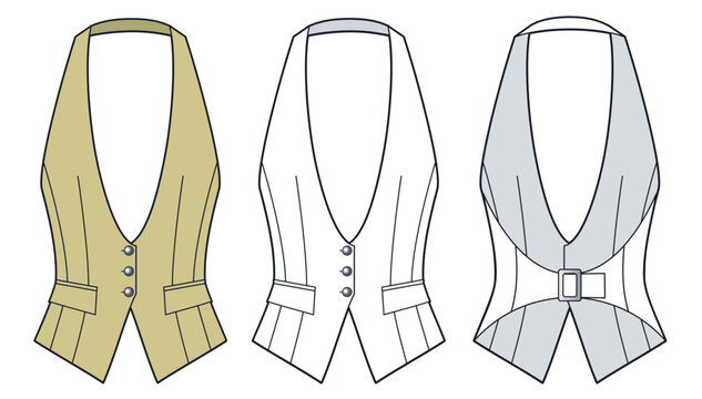 Fitted Tailored Vest with Deep V-Neck technical fashion illustration. Vest Jacket fashion flat technical drawing template, halter neck, front and back view, white, beige, women, men, unisex CAD mockup