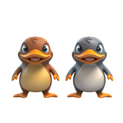 Fototapeta premium Two platypuses with unique colors and opposite expressions on a transparent background.