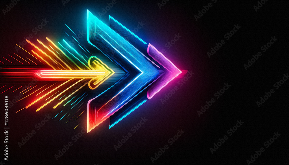 Poster a vibrant neon arrow glows with rainbow hues against a stark black backdrop, pointing towards the ri