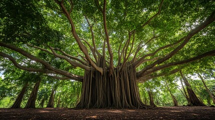 Majestic banyan tree with sprawling branches and exposed roots in a lush green forest.