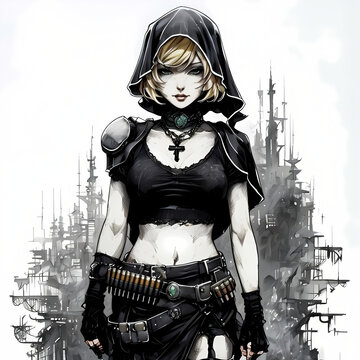 bionda e giovane suora guerriera in oscura distopica citt&agrave; futuristica cyberpunk, Blonde and young warrior nun in dark dystopian futuristic cyberpunk city