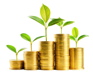 Financial Growth Concept – Stacked Gold Coins with Green Plants