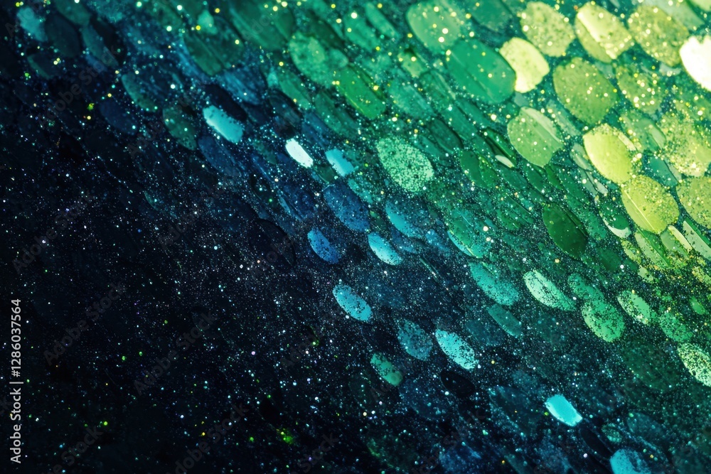Poster vibrant abstract design showcasing shimmering green and blue circular patterns in a dynamic flow of 