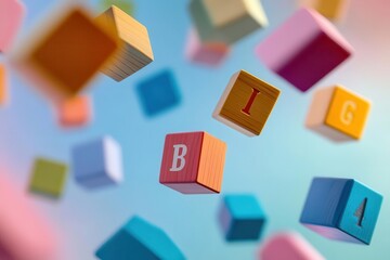 Obraz premium vibrant wooden alphabet blocks floating in zero gravity casting soft shadows with a dreamy pastel background and ethereal lighting