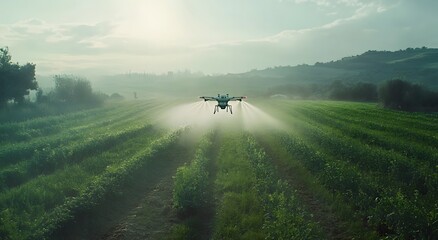Fototapeta premium Advanced technology in agriculture and the concept of crop care by drones, which are spraying water on crops in the agricultural field. Representing advanced automation in agriculture.