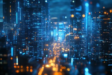 Glowing city streets come alive at night with vibrant lights reflecting a modern urban landscape. Generative AI