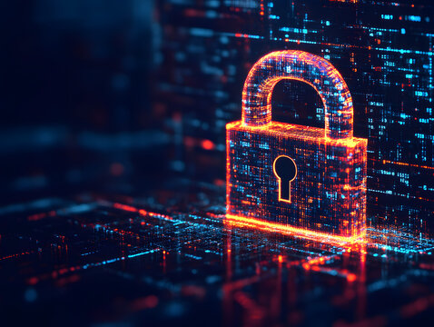Cybersecurity concept with digital padlock, data protection, encrypted technology, futuristic cyber defense system, information security, AI-driven online privacy
