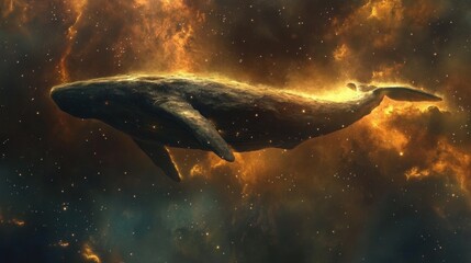 Fototapeta premium A massive space whale floats through a nebula, its bioluminescent body trailing glowing stardust