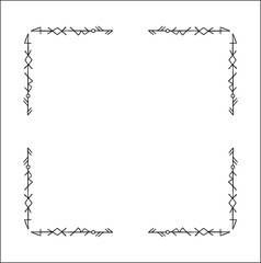 Elegant black and white ornamental frame with Viking runes, decorative border, corners for greeting cards, banners, business cards, invitations, menus. Isolated vector illustration.	