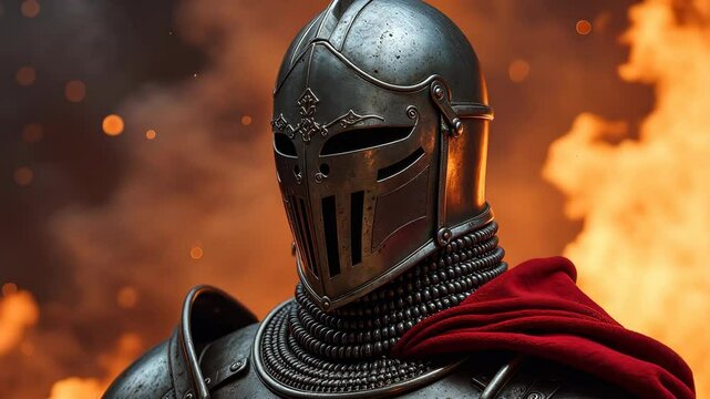 4k frame portrait of a knight in armor close-up against the background of fire