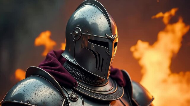 4k frame portrait of a knight in armor close-up against the background of fire