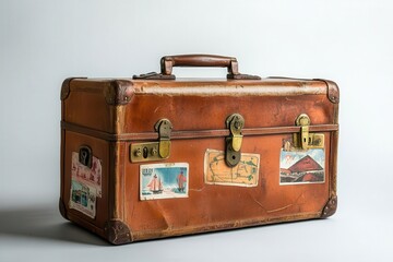 vintage leather travel suitcase with travel stickers brass hardware details weathered texture dramatic studio lighting on white