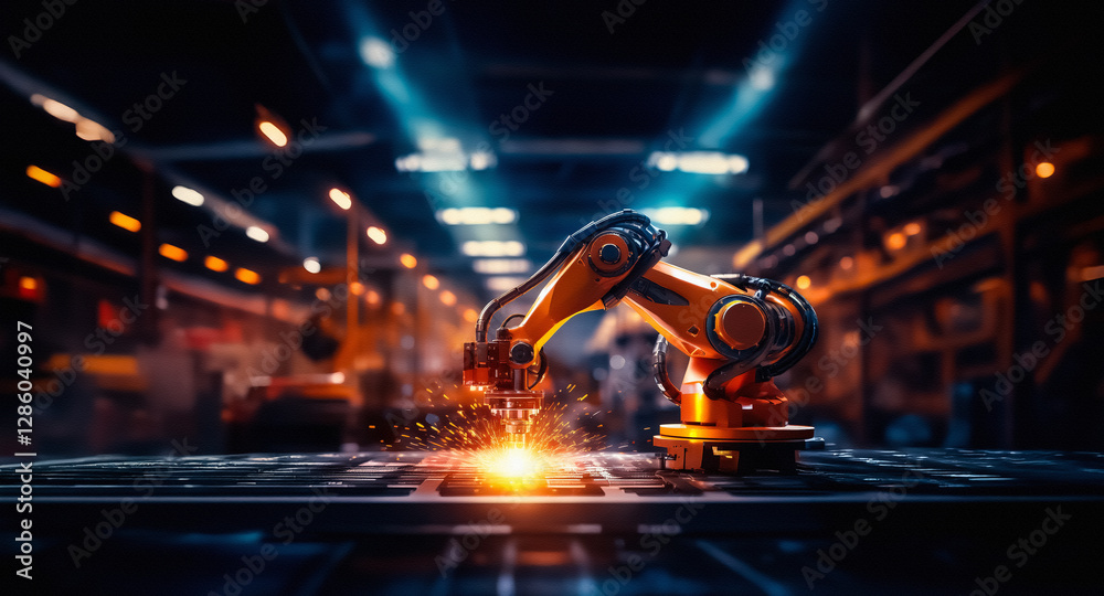 Aufkleber an orange robotic arm works in a dark industrial setting, sparks fly as it processes metal with prec