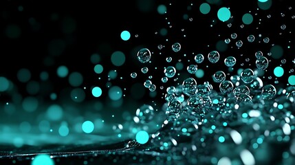 Fototapeta premium Teal Water Droplets Splashing in the Dark: A 3D Render AI Generated