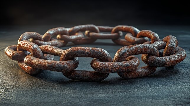 Chain is shown in a circular shape. The chain is rusty and he is old. The image has a mood of decay and abandonment