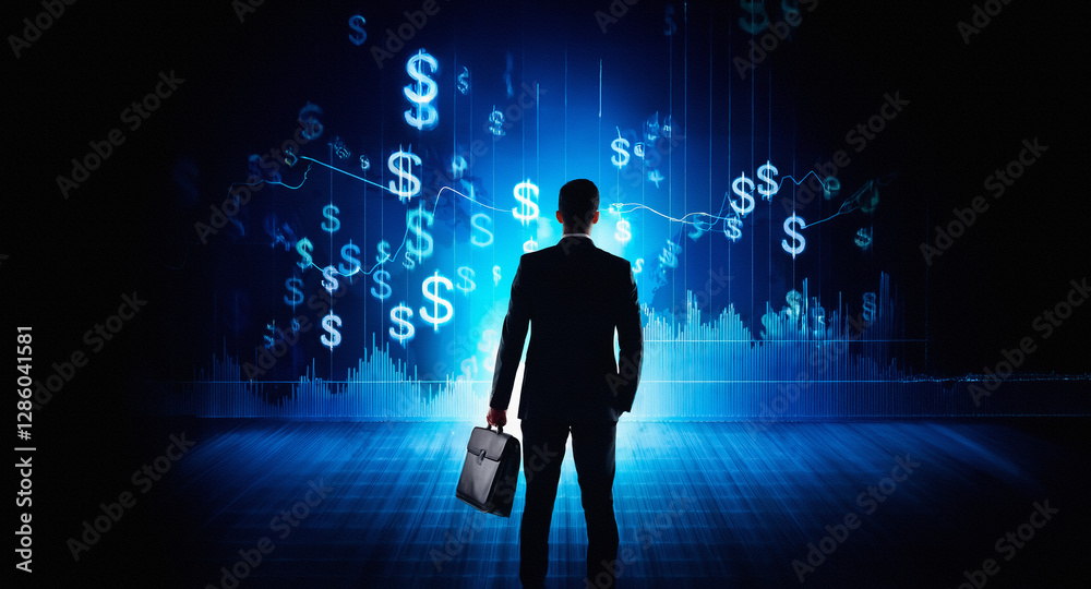 Aufkleber a figure in a suit and briefcase confronts a digital backdrop of dollar symbols and financial charts