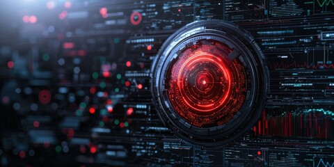 A futuristic digital interface featuring a central red circular design surrounded by intricate data patterns and glowing elements.