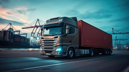 semi-track trailer in the evening harbor