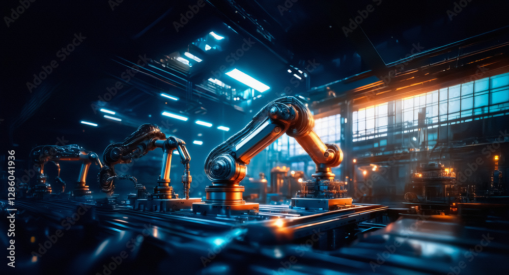 Aufkleber A futuristic factory interior shows automated robotic arms in action.  The scene is illuminated with blue and orange lighting, creating a modern and industrial atmosphere.
