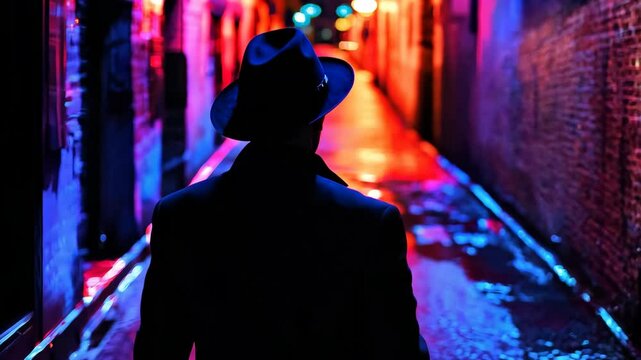 A mysterious figure silhouette from the back, wearing a fedora hat, walking through a dark alley with bright neon lights reflecting on the walls.