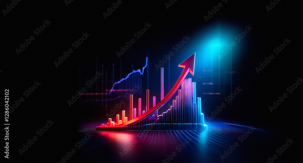 Leinwandbilder An illuminated neon bar and line graph on a dark backdrop showcases a strong upward trend, symbolizing growth and positive progress in a vibrant and modern visual representation.