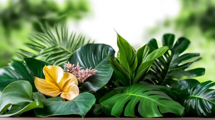 Obraz premium Bunch of green leaves and a yellow flower. The image has a natural and vibrant feel to it