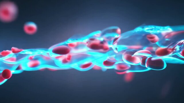 A highly detailed 3D-rendered visualization of blood flow, showing red blood cells and plasma in a futuristic, medical, or scientific concept.  
