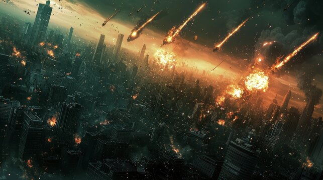 Apocalyptic City: A stunning visual of a city under attack, with meteors streaking across the sky, engulfing buildings in flames, creating a dramatic and suspenseful scene.