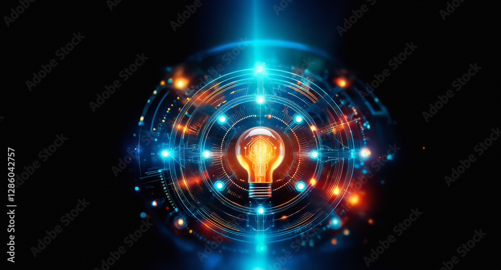 Poster a glowing light bulb is at the center of circular network with bright blue and orange lights, symbol