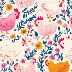 Obraz premium Colorful chicken and floral pattern with vibrant designs ideal for textiles.