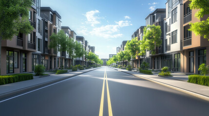 Obraz premium Modern residential area with tree-lined streets, asphalt road, and contemporary apartment buildings with glass windows and concrete facades. 3D rendering illustration for real estate and urban archite