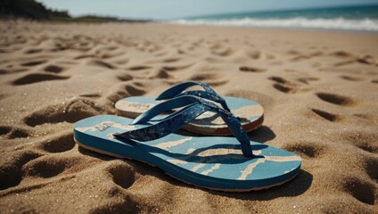 Obraz premium Women's flip-flops on a sandy beach