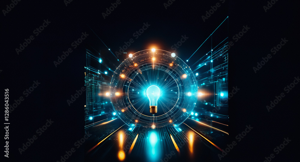 Poster A central glowing lightbulb emits radiating lines and circles, set against a dark backdrop.  Futuristic design with blue and orange glowing points suggests innovation and advanced technology concept.