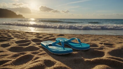 Obraz premium Women's flip-flops on a sandy beach
