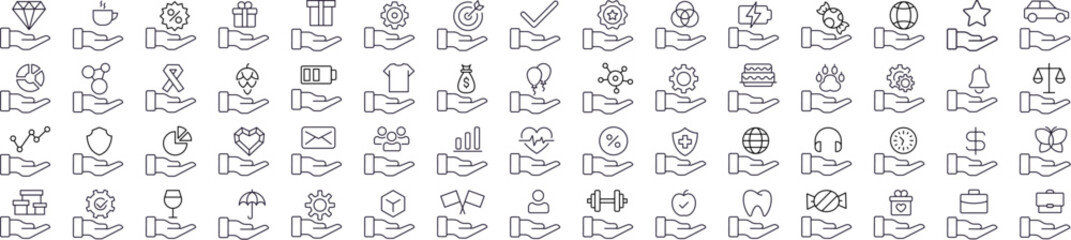 Different Items on Hand Thin Line Icon Set. Outline Signs for Graphic and Web Design, Apps, Adverts, Various Cards