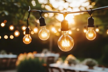 vintagestyle edison bulbs strung across a garden reception space creating a warm golden glow over elegant table settings and dancing couples in soft focus