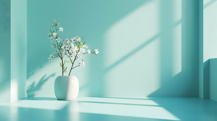 Obraz premium Serene interior scene featuring a white vase with blooming flowers against a pastel blue backdrop