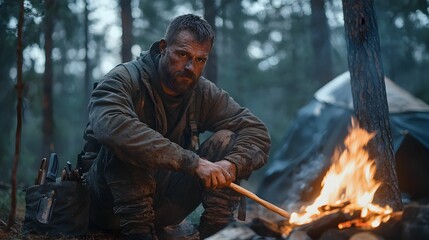 Lone survivalist honing his skills in a remote forest campsite