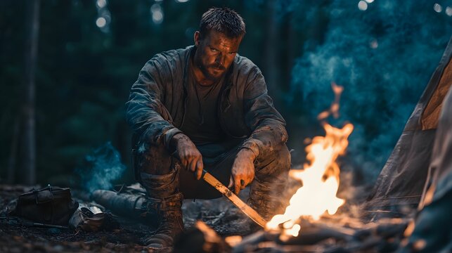 Rugged survivalist sharpening a wooden spear by a campfire at dusk - Powered by Adobe