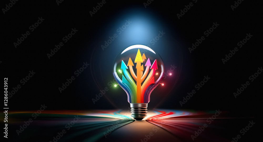 Poster a vibrant light bulb, glowing in the dark, is filled with colorful arrows pointing in various direct