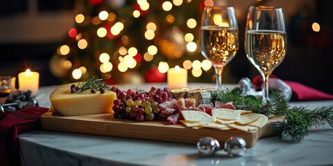 Fototapeta premium Festive Feast: A mouthwatering spread of gourmet cheeses, cured meats, and fresh grapes paired with sparkling champagne, all set against a backdrop of twinkling holiday lights.
