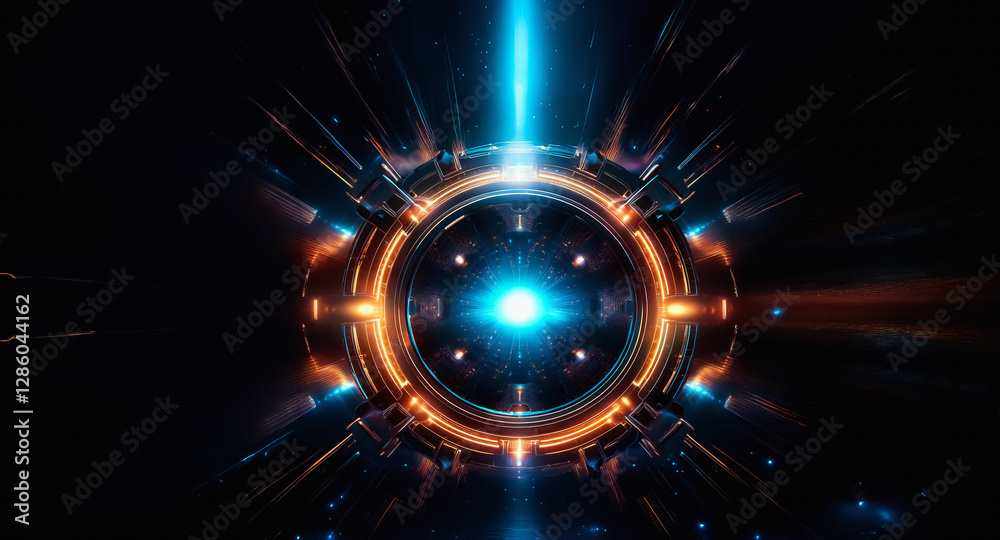 Poster Futuristic glowing circle design with blue and orange lights emanating from a central point.  Abstract technology with radiating beams and geometric shapes against a dark backdrop.