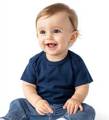 Adorable baby with a cheerful smile, dressed in casual clothing, radiating happiness and innocence against a white backdrop.