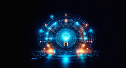 A bright light bulb illuminates at the center of a glowing, futuristic, circular technology interface with blue and orange lights against a dark backdrop.